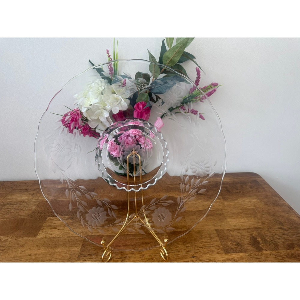 Vintage Etched‎ Glass Cornflower Serving Platter Large Floral Elegant Plate